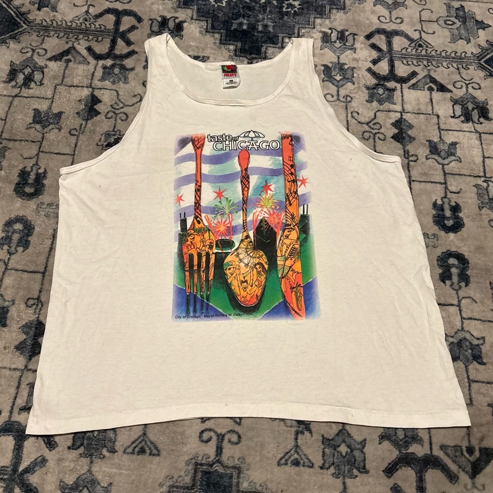VINTAGE FRUIT OF THE LOOM 90S TASTE OF CHICAGO PRINTED WHITE TANK TOP XL
